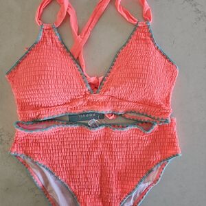 Poppi Neon Coral Smocked Bikini with Teal Trim